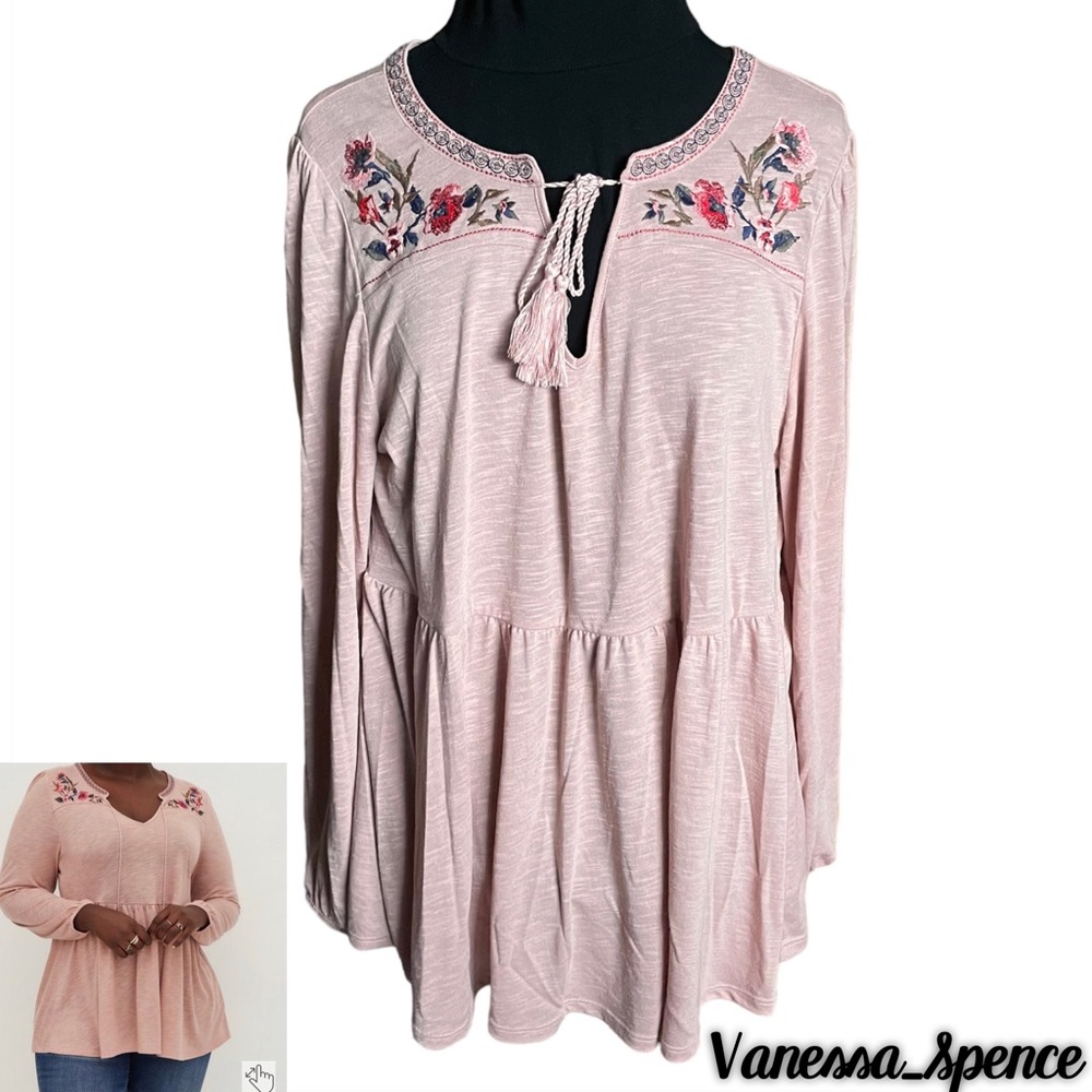 Torrid Pink Babydoll Knit Notch Neck Embroidered Long Sleeve Top